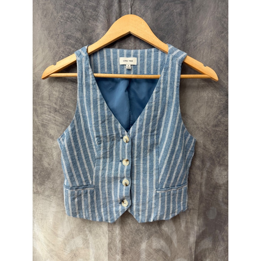 Love Tree Blue White Striped Linen Blend Button Front Vest Small 5171VS